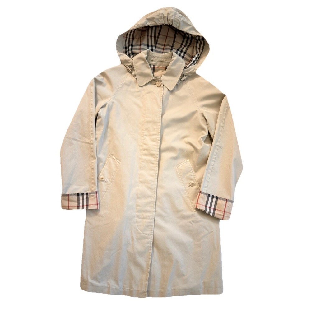 Burberry London Trench Coat Womens Beige Nova Check Removable Hood Small - Picture 2 of 10